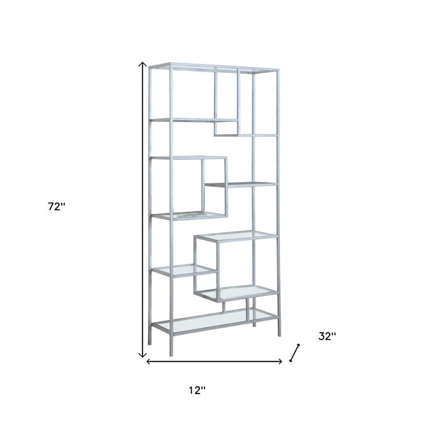 HomeRoots 72" Modern Nine-Tier Etagere Bookcase - Sleek Metal and Glass Shelving for Stylish Storage Solutions Silver,Clear 333392
