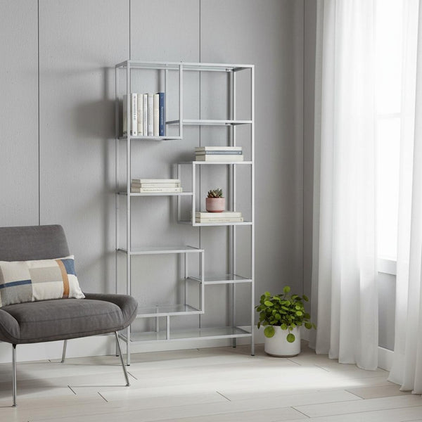 HomeRoots 72" Modern Nine-Tier Etagere Bookcase - Sleek Metal and Glass Shelving for Stylish Storage Solutions Silver,Clear 333392