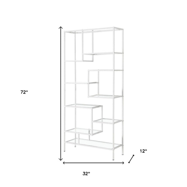 HomeRoots 72" Modern Nine-Tier Etagere Bookcase - Sleek Metal and Glass Shelving for Stylish Storage Solutions White,Clear 333393