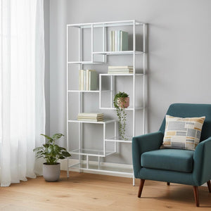 HomeRoots 72" Modern Nine-Tier Etagere Bookcase - Sleek Metal and Glass Shelving for Stylish Storage Solutions White,Clear 333393