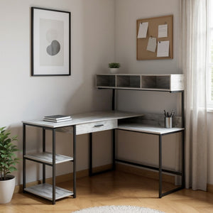 HomeRoots 59" Executive L-Shaped Computer Desk with Modern Design, Ample Storage, and Durable Construction Grey,Black 333394