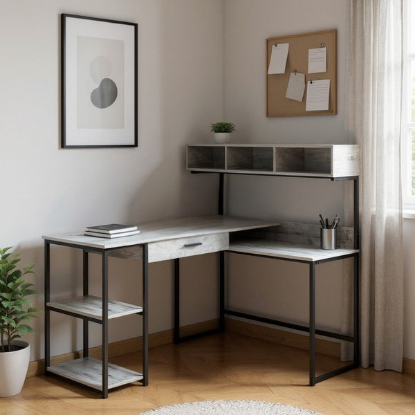 HomeRoots 59" Executive L-Shaped Computer Desk with Modern Design, Ample Storage, and Durable Construction Grey,Black 333394