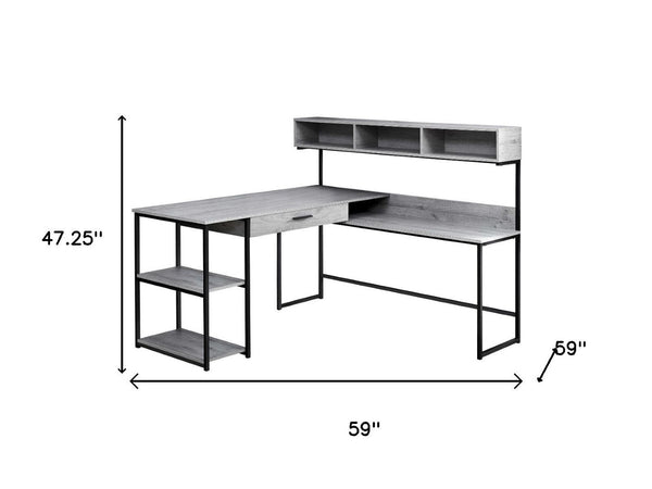 HomeRoots 59" Executive L-Shaped Computer Desk with Modern Design, Ample Storage, and Durable Construction Grey,Black 333394