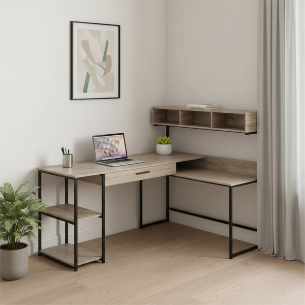 HomeRoots 59" Executive L-Shaped Computer Desk with Modern Design, Ample Storage, and Durable Construction Taupe,Black 333395