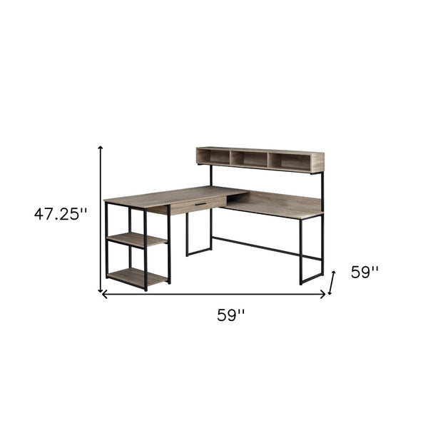 HomeRoots 59" Executive L-Shaped Computer Desk with Modern Design, Ample Storage, and Durable Construction Taupe,Black 333395