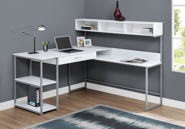 HomeRoots 59" Executive L-Shaped Computer Desk with Modern Design, Ample Storage, and Durable Construction White,Silver 333396