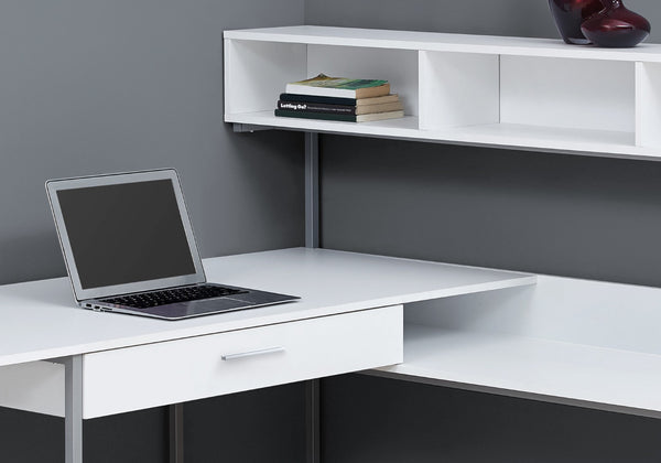 HomeRoots 59" Executive L-Shaped Computer Desk with Modern Design, Ample Storage, and Durable Construction White,Silver 333396