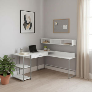 HomeRoots 59" Executive L-Shaped Computer Desk with Modern Design, Ample Storage, and Durable Construction White,Silver 333396