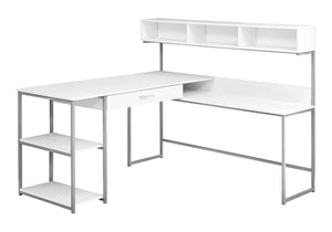 HomeRoots 59" Executive L-Shaped Computer Desk with Modern Design, Ample Storage, and Durable Construction White,Silver 333396