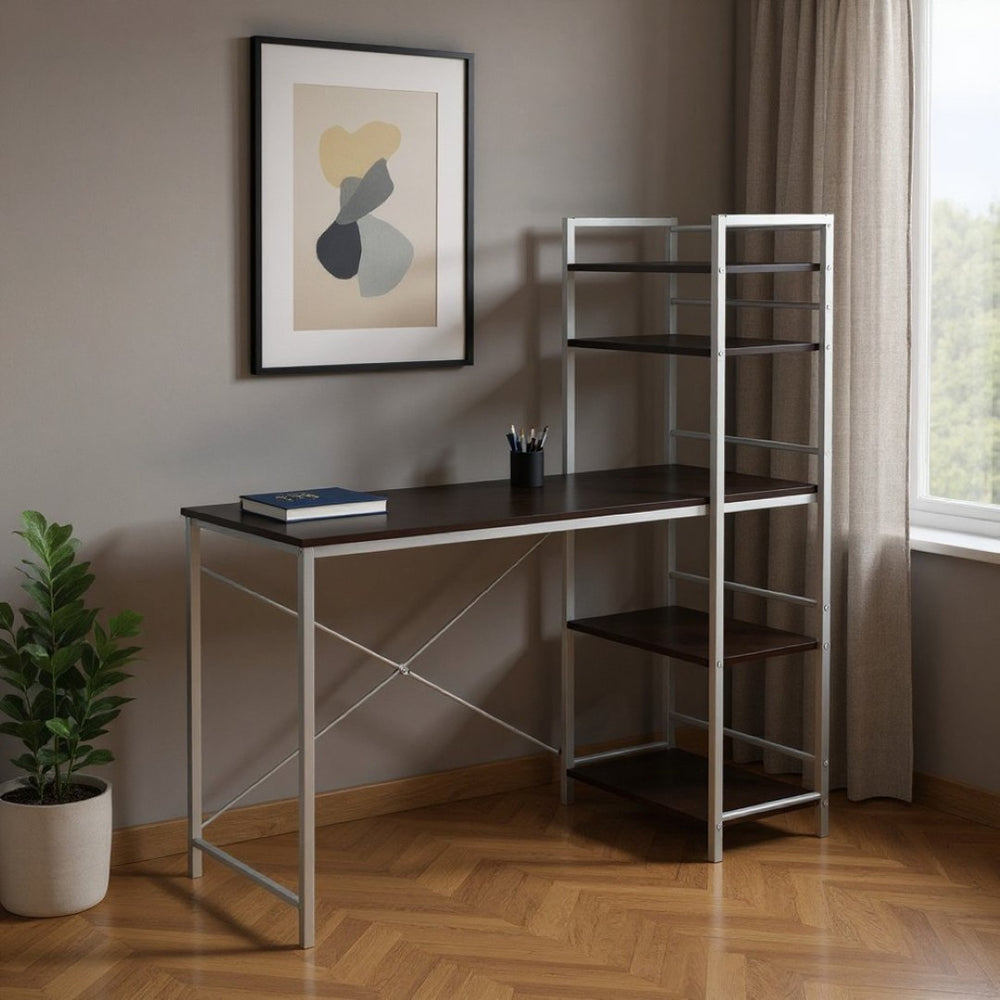 HomeRoots 19" Elegant Computer Desk with Integrated Bookcase for Home Offices and Modern Workspaces Cappuccino,Silver 333399