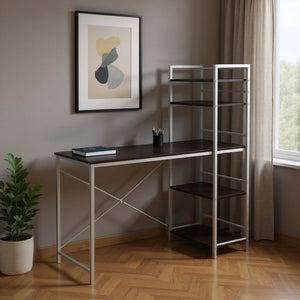 HomeRoots 19" Elegant Computer Desk with Integrated Bookcase for Home Offices and Modern Workspaces Cappuccino,Silver 333399