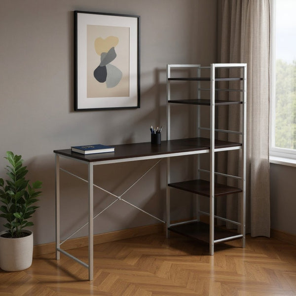 HomeRoots 19" Elegant Computer Desk with Integrated Bookcase for Home Offices and Modern Workspaces Cappuccino,Silver 333399