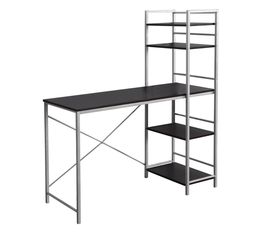 HomeRoots 19" Elegant Computer Desk with Integrated Bookcase for Home Offices and Modern Workspaces Cappuccino,Silver 333399