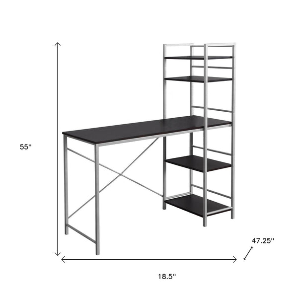 HomeRoots 19" Elegant Computer Desk with Integrated Bookcase for Home Offices and Modern Workspaces Cappuccino,Silver 333399