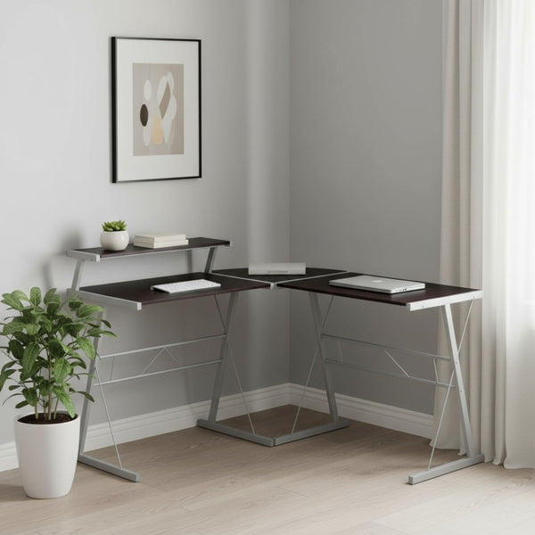 HomeRoots 18" Dark Brown and Silver L-Shaped Computer Desk – Modern, Durable & Space-Saving Home Office Solution 333400