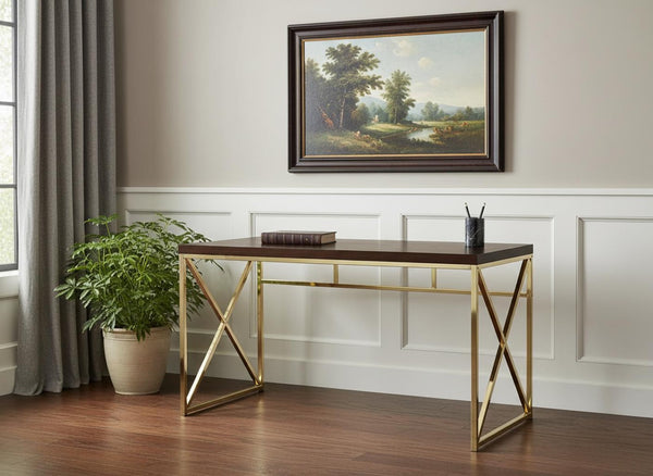 HomeRoots 47" Espresso and Gold Writing Desk - Timeless Elegance, Durable Design for Home Office or Living Room 333406