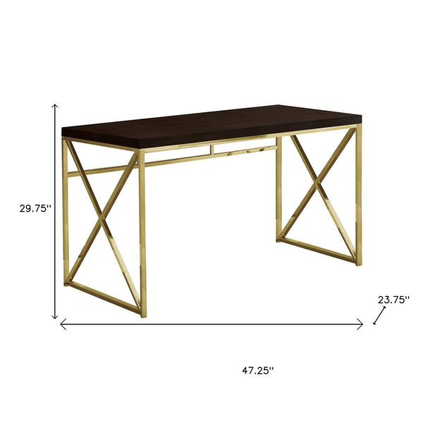 HomeRoots 47" Espresso and Gold Writing Desk - Timeless Elegance, Durable Design for Home Office or Living Room 333406