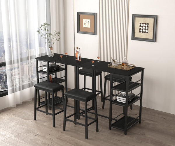 English Elm Dining Table Set for 2 with 3-Tier Storage Shelves, Counter Height PU Leather Stools, Space-Saving Black W2129P297195