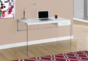 HomeRoots 48" Modern Computer Desk with Sleek Design, Sturdy Metal Base, and Convenient Storage Drawer for Home Office White,Clear 333411