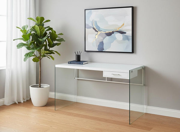 HomeRoots 48" Modern Computer Desk with Sleek Design, Sturdy Metal Base, and Convenient Storage Drawer for Home Office White,Clear 333411