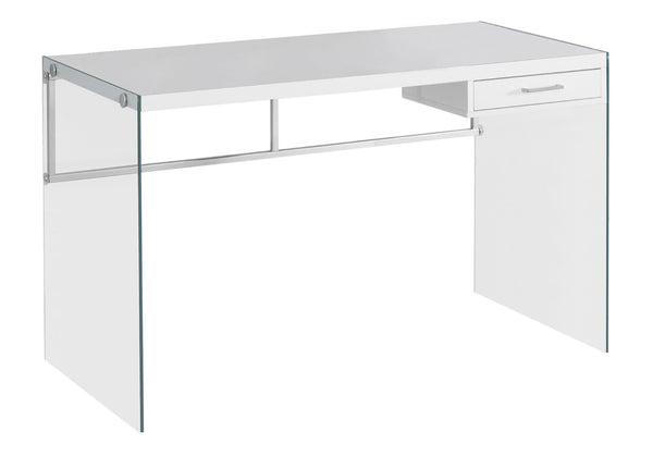 HomeRoots 48" Modern Computer Desk with Sleek Design, Sturdy Metal Base, and Convenient Storage Drawer for Home Office White,Clear 333411