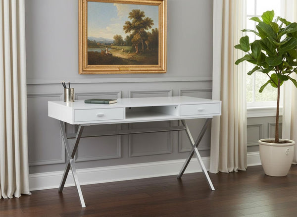 HomeRoots 24" Modern Computer Desk with Two Hidden Drawers for Organized Workspaces and Stylish Décor White,Chrome 333412