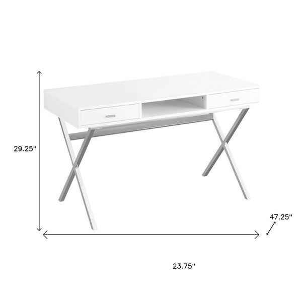 HomeRoots 24" Modern Computer Desk with Two Hidden Drawers for Organized Workspaces and Stylish Décor White,Chrome 333412