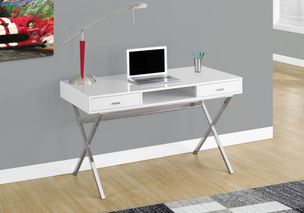 HomeRoots 24" Modern Computer Desk with Two Hidden Drawers for Organized Workspaces and Stylish Décor White,Chrome 333412