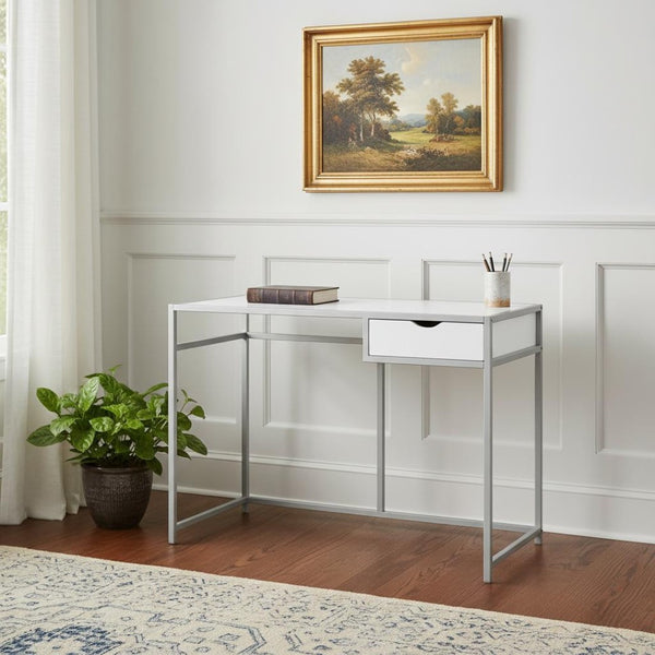 HomeRoots 20" Computer Desk for Home Office - Sleek Design, Durable Construction & Convenient Storage Drawer White,Silver 333418