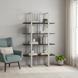HomeRoots Espresso Metal Four-Tier Bookcase for Stylish Storage, Durable Design, and Versatile Home Décor Solutions Cappuccino,Silver 333434