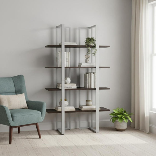 HomeRoots Espresso Metal Four-Tier Bookcase for Stylish Storage, Durable Design, and Versatile Home Décor Solutions Cappuccino,Silver 333434
