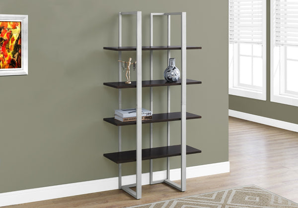 HomeRoots Espresso Metal Four-Tier Bookcase for Stylish Storage, Durable Design, and Versatile Home Décor Solutions Cappuccino,Silver 333434