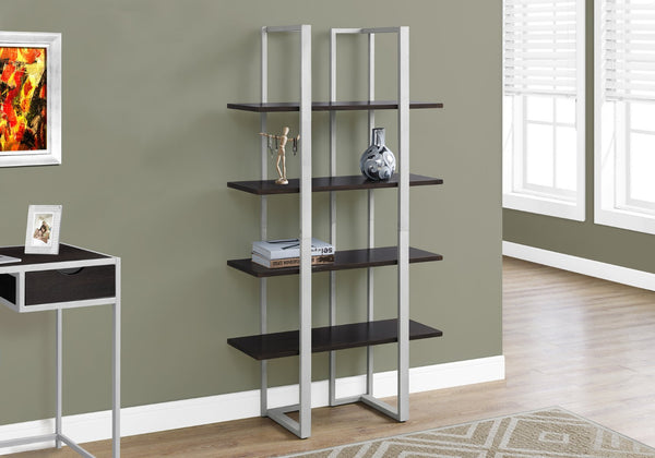 HomeRoots Espresso Metal Four-Tier Bookcase for Stylish Storage, Durable Design, and Versatile Home Décor Solutions Cappuccino,Silver 333434