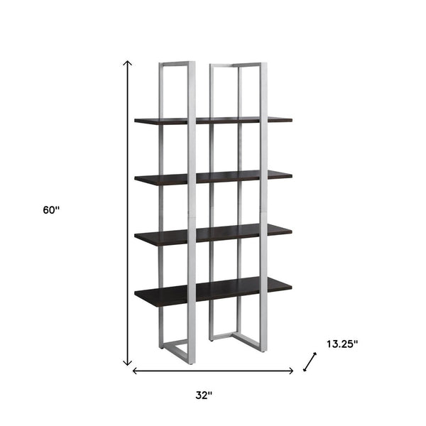 HomeRoots Espresso Metal Four-Tier Bookcase for Stylish Storage, Durable Design, and Versatile Home Décor Solutions Cappuccino,Silver 333434