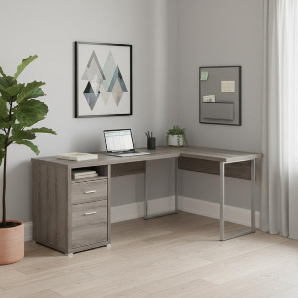 HomeRoots 47" Contemporary L-Shaped Computer Desk with Two Drawers for Efficient Space Organization and Style Dark Taupe,Silver 333443