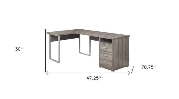 HomeRoots 47" Contemporary L-Shaped Computer Desk with Two Drawers for Efficient Space Organization and Style Dark Taupe,Silver 333443