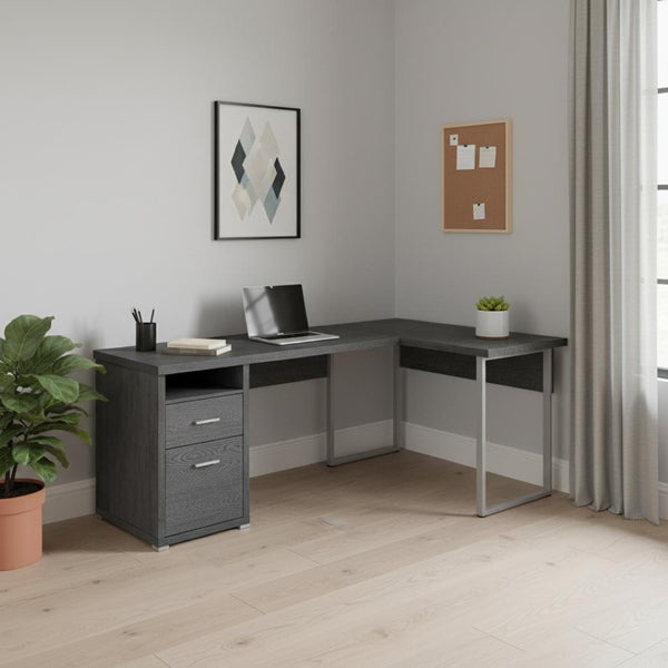 HomeRoots 47" Contemporary L-Shaped Computer Desk with Two Drawers for Efficient Space Organization and Style Grey,Silver 333445