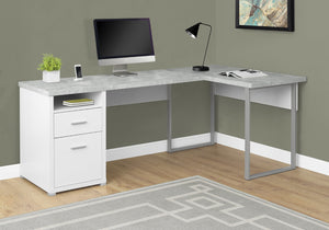 HomeRoots 47" Contemporary L-Shaped Computer Desk with Two Drawers for Efficient Space Organization and Style White,Grey, Silver 333446