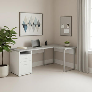 HomeRoots 47" Contemporary L-Shaped Computer Desk with Two Drawers for Efficient Space Organization and Style White,Grey, Silver 333446