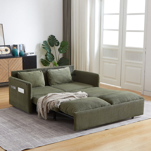 English Elm MH'' MH' 64.5 Inch Sleeper Sofa Bed with Corduroy Upholstery, Sturdy Wood & Iron Frame, 3-in-1 Convertible Comfort Green W1193S00127