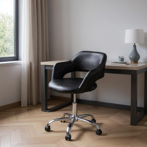 HomeRoots Black Modern Adjustable Swivel Office Chair with Faux Leather and Rolling Casters for Comfort Black 333467