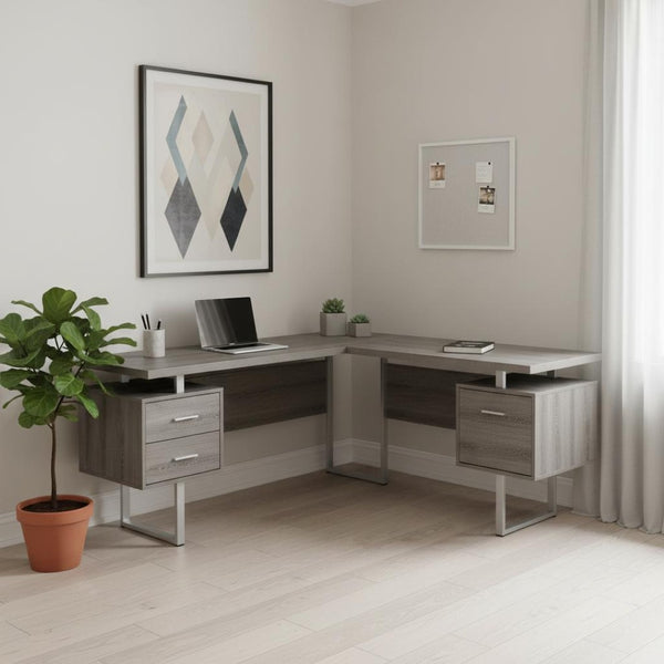 HomeRoots 71" Taupe L-Shaped Computer Desk with Three Drawers for Modern Home Offices and Executive Suites Dark Taupe,Silver 333469