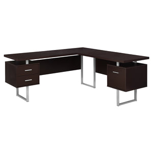 Homeroots 71" Brown And Silver L Shape Computer Desk With Three Drawers Cappuccino,Silver  333470