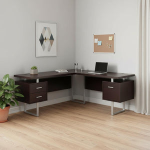 HomeRoots 71" Taupe L-Shaped Computer Desk with Three Drawers for Modern Home Offices and Executive Suites Cappuccino,Silver 333470