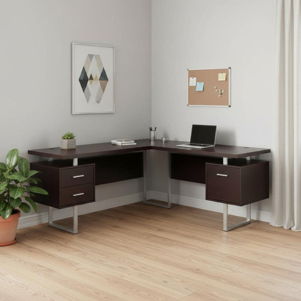 HomeRoots 71" Taupe L-Shaped Computer Desk with Three Drawers for Modern Home Offices and Executive Suites Cappuccino,Silver 333470