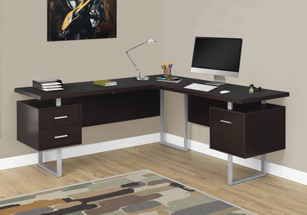HomeRoots 71" Taupe L-Shaped Computer Desk with Three Drawers for Modern Home Offices and Executive Suites Cappuccino,Silver 333470