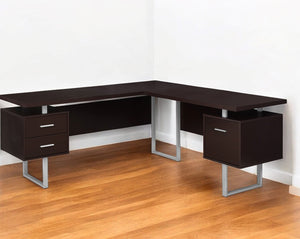 Homeroots 71" Brown And Silver L Shape Computer Desk With Three Drawers Cappuccino,Silver  333470