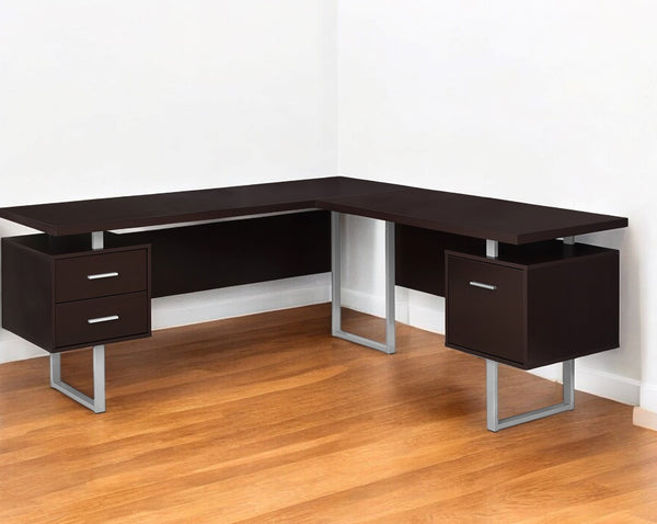 Homeroots 71" Brown And Silver L Shape Computer Desk With Three Drawers Cappuccino,Silver  333470