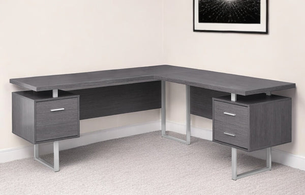 Homeroots 71" Gray And Silver L Shape Computer Desk With Three Drawers Grey,Silver  333471