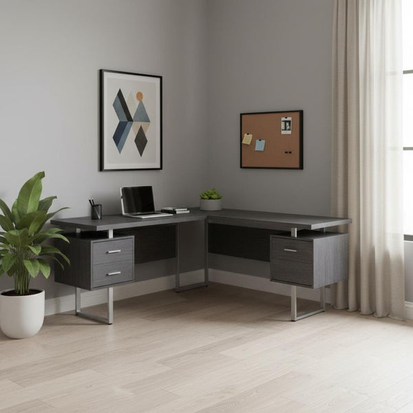 HomeRoots 71" Taupe L-Shaped Computer Desk with Three Drawers for Modern Home Offices and Executive Suites Grey,Silver 333471